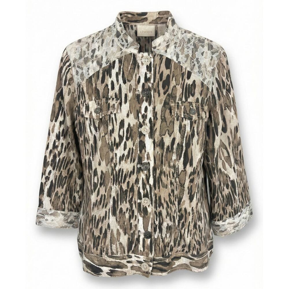 Chico's Womens M Boho Western Artsy Animal Print Lace Yoke Button Front Jacket